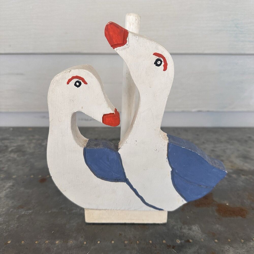 Vintage Country Cottage Wooden Double Goose Seagull Paper Towel Holder Stand